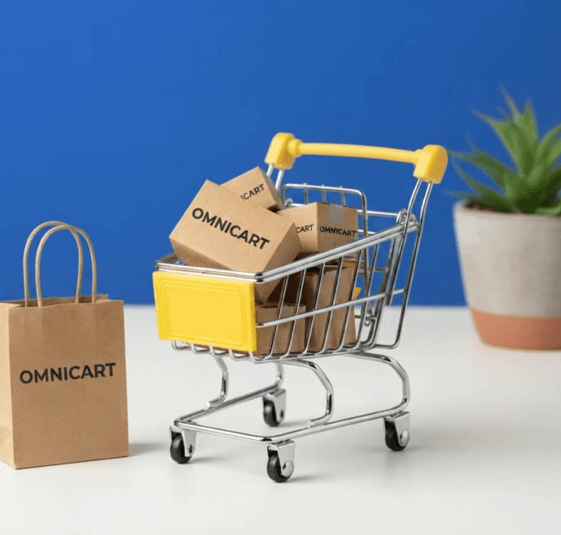 Shopping cart filled with Omnicart parcels beside a paper shopping bag